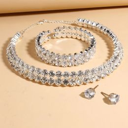 Strands Luxury Fashion Woman Double Rows Rhinestones Jewellery Choker Necklace / Chain Bracelet / Stud Earrings For Women & Girls