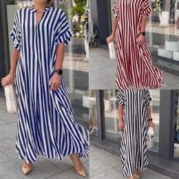 Womens Fashion Side Slit Striped Loose Casual Short Sleeve Dress 159