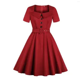 Casual Dresses Red Pleated Party For Women Vintage Style Pinup 50s 60s Rockabilly Button Belted Elegant Plus Size Dress