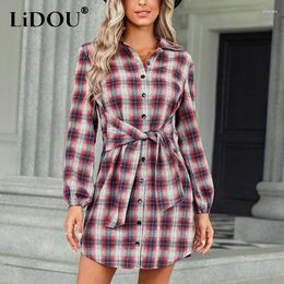 Casual Dresses Spring Autumn Vintage Printed Lace Up Waist Robe Female Loose Buttons Shirt Dress Women's Polo-neck Long Sleeve Vestido