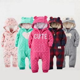 One-Pieces Infant Baby Romper 2023 Autumn Winter Warm Babi Boy Clothes Coral Fleece Hooded Babe Girl Animal Jumpsuit