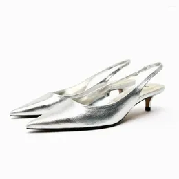 Casual Shoes TRAF Sliver Low Heels Sandals For Women 2024 Summer Pointed Head Slingbacks Stilettos Woman's W Concise Retro Pumps