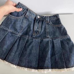 Skirts Deeptown Vintage Denim Skirt Sweet Women Mini Lace Retro Y2K Patchwork Pleated Blue Casual Korean Streetwear Short