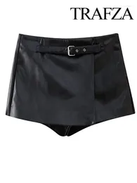 Women's Shorts TRAFZA Women Fashion Vintage Belt Decoration Black Faux Leather Casual Skirts Spring Female High Waist Zipper Mini Skirt