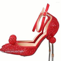 Dress Shoes 60Mm Heeled Red Crystal Jewel Ball Strangel Heel Iron Heels Women Pointed Toe Leather Ankle Strap With Buckle Pumps