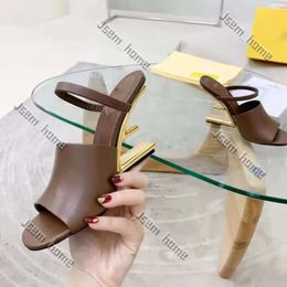 Luxury Summer Fendily Sandals Designer F Sandals Women Sculpted Slippers Metallic High Heels Open Toes Slip-on Slides Calfski Leather Outsole Sandals Shoes 594