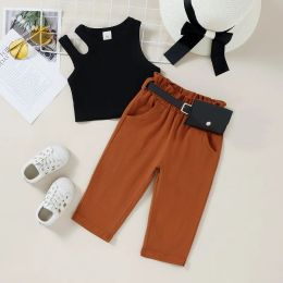 Sets Summer Baby Clothes Fashion Sexy Girls Knit Sleeveless Top Suit Kids Solid Color Tank Top Trousers Waist Bag Casual Suit