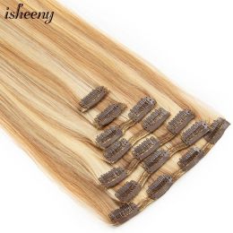 Wigs Isheeny 14"24" Clip In Human Hair Extensions Brazilian Remy Natural Clip In Hairpiece Real Natural Human Hair Clip On 80G140G