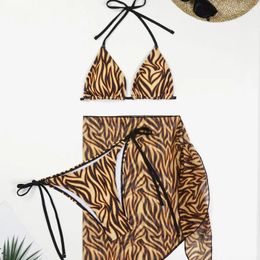 Women's Swimwear 2024 3 Pieces Set Swimsuit Women Thong Sexy Zebra Print Micro Bikini With Skirt Cover Up Beachwear Bathing Suit