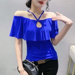 Women's T Shirts Patchwork Ruffles Mesh Girls Short Sleeve Shirt Black Top For Woman 2024 Summer