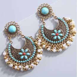 Earrings Vintage Bohemia Women Earrings Simulated Pearl Beads Circular Earrings for Women Turquoise Stone Earings for Womens 230831