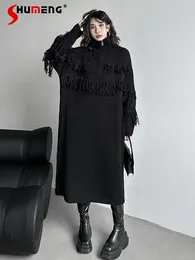 Casual Dresses Women's 2024 Autumn Winter Tassel Knitted Sweater Below The Knee Feminine Long Sleeve Turtleneck