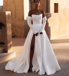 Elegant Long Strapless Satin Wedding Dresses with Removable Sleeves/Slit A-Line Ivory Sweep Train Zipper Back Simple Bridal Gowns for Women