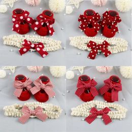 Accessories 2Pcs/Set Korean Baby Headband Socks Red BowKnot Girl Hair Band Lovely Dot Striped Plaid Bows Infant Sock Kid Hair Accessories