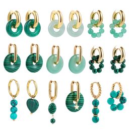 Clips Boho Green Natural Stone Hoop Earrings for Women Round Stone Beaded Circle Huggies Ear Buckle Statement Fashion Jewellery