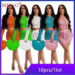 Work Dresses 10sets Bulk Items Wholesale Lots Beach Two Piece Dress Sets Women Long Sleeve O-neck Crop Top Skirts Hollow Out Sequins M13320