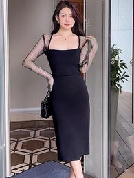 Casual Dresses Black Patchwork Sheer Long Sleeve Sexy Club Ladies Dress Autumn Winter Elegant Luxury Party Vestidos 2024 Korean Vintage