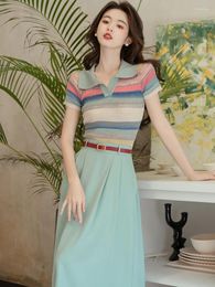 Work Dresses Women Runway Chic Vintage Elegant Skirt Set Lady Summer Casual Polo Neck Knitted Striped Top Midi Long 2 Pcs Outfits