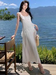 Casual Dresses Women White Sleeveless Holiday Ruffled Edge Evening Party Slip Dress Sexy Club Backless High Split Long Female Summer Chic