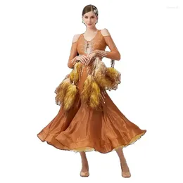 Stage Wear B2487 Custom High Quality Fashion Women Ladies Dance Competition Performance Ballroom Dress With Feather For Sale