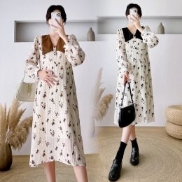 Supplies 211# Autumn Korean Fashion Floral Printed Chiffon Maternity Long Dress Elegant Clothes for Pregnant Women Pregnancy Postpartum