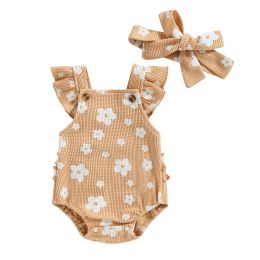 One-Pieces Baby Girl Suspender Jumpsuit Set Casual Floral Print Ruffled Flying Sleeve Rompers and Headband
