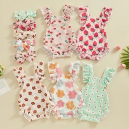 One-Pieces FOCUSNORM 018M Lovely Baby Girls Cute Romper Headband 2pcs Ruffles Fly Sleeve Strawberry/Flower/Cherry Print Frills Jumpsuit