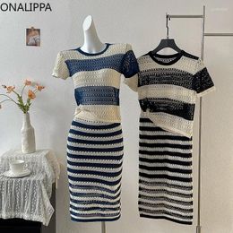 Work Dresses Onalippa Hollow Out Two Piece Sets Womens Outfits Contrast Striped Short Sleeves T Shirts Korean Elastic Waist Hip Midi Skirts