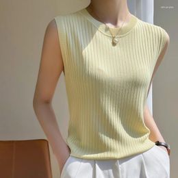 Women's Tanks Suspender Vest For Summer Versatile Ice Silk Fabric Inner And Outer Wear Round Neck Sleeveless Knit Bottom Shirt