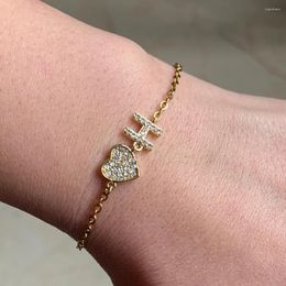 Charm Bracelets Customise Simple Zircon Heart Letter Bracelet Trendy Small CZ Pave Gold Colour Steel Link Chain Arm Cuff DIY Jewellery