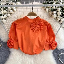 Women's Blouses Summer Three-Dimensional Flower Ruffles White Shirt Puff Short Sleeve Back Single-Breasted Black Tops 6 Colours