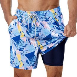 Men's Swimwear SURFCUZ Mens Swimming Trunks with Compression Liner Stretch Mens Swimwear 2 in 1 Quick Dry Running Gym Swim Shorts for Men d240424