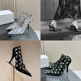 Best the Brand Dress Women Fashion Genuine Leather Pumps Mesh Hollow Rivet Jewel Decoration Designer Shoes Casual Pointed High Heels Sandals Lear