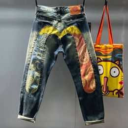 2023 Autumn/Winter New Washed Old Jeans For Men's Trendy Brand M Print Spliced ​​Mandarin Duck Löst stor rak 246121