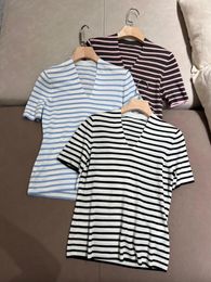 Women's T Shirts Early Spring V-neck Striped Ultra-fine Wool Short Sleeve Top