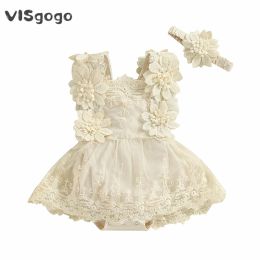 One-Pieces VISgogo Baby Girls Romper Dress Summer Sleeveless Square Neck Floral Lace Embroidery Party Princess Bodysuit Headband Outfit