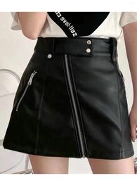 Skirts 2024 Autumn Winter Women Fashion A-Line Faux Leather PU Mini Empire Female Street Black Pocket High Waist Zipper Skirt