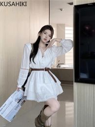 Casual Dresses KUSAHIKI White Long Sleeved V-neck Dress For Women Spring French Sweet A-line Short Slim Waist Vestidos With Belt