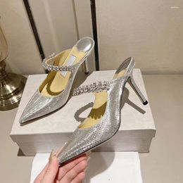 Slippers Diamond Glitter Fabric Wedding Shoes Crystal-embellished Strap Slip-on Style Genuine Leather Summer Party Stiletto Women