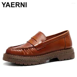 Casual Shoes YAERNI Arrival Genuine Leather Loafers Women Flat Autumn Handmade Retro Pleated Slip On Footwear