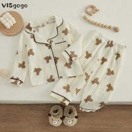 VISgogo Kids Unisex Cotton Linen Pyjama Suit Bear Print Long Sleeve Front Pocket Lapel Tops Long Pants Spring Clothes Casual Set 240408