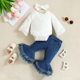 Sets 024M Baby Girls Lace Clothes Outfits Princess Hollow Out Romper Tops Floral Jeans Headband 3Pcs Summer Newborn Girls Clothing