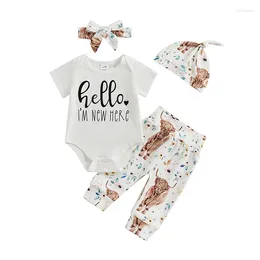 Clothing Sets Baby Girls Summer Outfit Letter Print Short Sleeves Romper And Floral Cow Pants Headband Beanies Hat 4 Piece Set