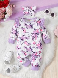 One-Pieces Adorable 2pcs Outfit Set for Newborn Girls Floral Print Long Sleeve Rompers & Bow Hairband Spring&Autumn Baby Girls Clothing