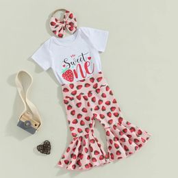 Clothing Sets Baby Girl Birthday Clothes Suits Letter Print Short Sleeve Crew Neck Romper Strawberry Flare Pants Headband 3Pcs Set