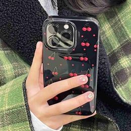 Cell Phone Cases Red Cherry Gloss Black Simple Phone Case For iPhone 11 12 13 14 15 Pro Max 7 8 Plus XR XS Max X SE 2 Shockproof Soft Case Cover d240424