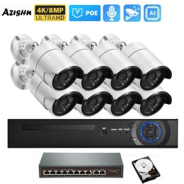 Lens AZISHN 4K POE IP Camera Security System 8MP NVR POE Switch Outdoor Human Detect Record Stable CCTV Surveillance System Kit P2P