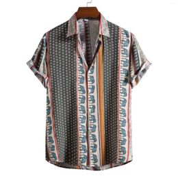 Men's Casual Shirts Hawaiian Social Retro Shirt For Blouse Men Slim Vintage Stripe Short Sleeve Summer Floral Print Beach Clothing Camisa