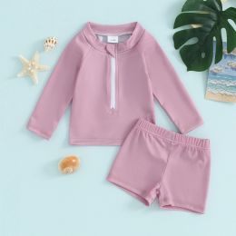 Swimwear Long Sleeve Kids Boys Girls Swimwear Bikini Set Solid Colour Front Zipper Toddler Swimsuit + Swim Shorts Infant Beach Wear