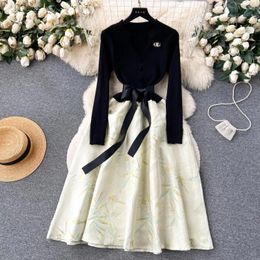 Casual Dresses French Herben For Women V-neck Long Sleeve Knitting Dobby Lace Up Ball Gown Vestidos Autumn Female Dress Drop